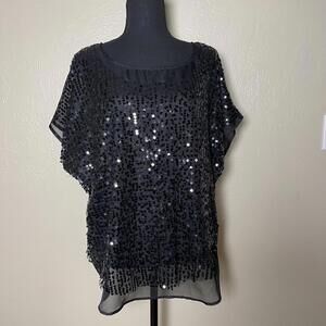 Black Sequin Chiffon See Through Blouse – Party-Ready Glam Top Size M